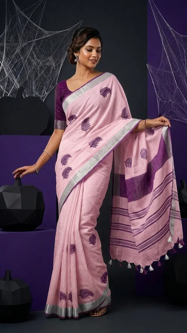 Handwoven_Bhagalpuri_Linen_Blend_Embroidered_Saree_With_Contrast_Blouse_Piece(Baby_Pink_Purple)