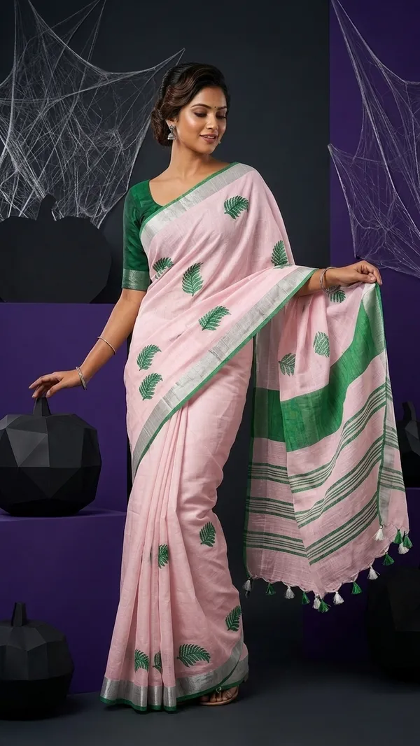 Handwoven_Bhagalpuri_Linen_Blend_Embroidered_Saree_With_Contrast_Blouse_Piece(Baby_Pink_Bottle_Green)
