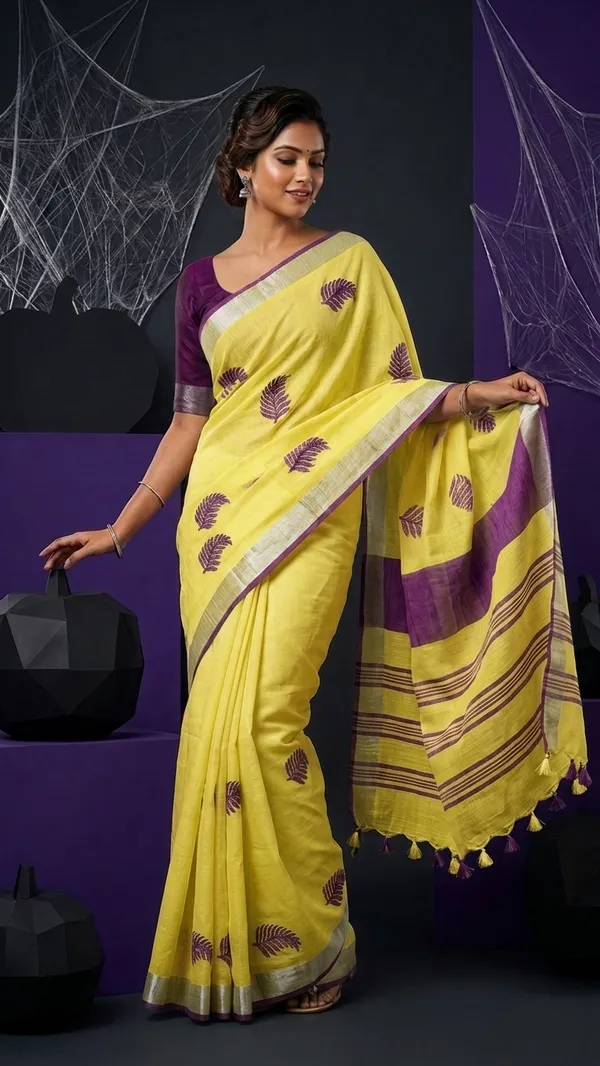 Handwoven_Bhagalpuri_Linen_Blend_Embroidered_Saree_With_Contrast_Blouse_Piece(Yellow_Purple)