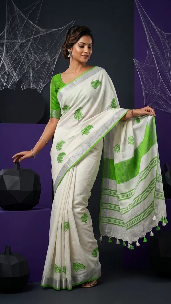 Handwoven_Bhagalpuri_Linen_Blend_Embroidered_Saree_With_Contrast_Blouse_Piece(White_Parrot_Green)