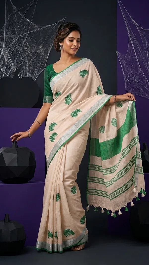 Handwoven_Bhagalpuri_Linen_Blend_Embroidered_Saree_With_Contrast_Blouse_Piece(Beige__Bottle_Green)