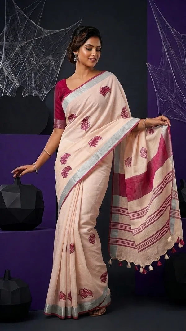 Handwoven_Bhagalpuri_Linen_Blend_Embroidered_Saree_With_Contrast_Blouse_Piece(Cream_Pink)