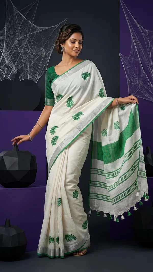 Handwoven_Bhagalpuri_Linen_Blend_Embroidered_Saree_With_Contrast_Blouse_Piece(White_and_Bottle_Green)