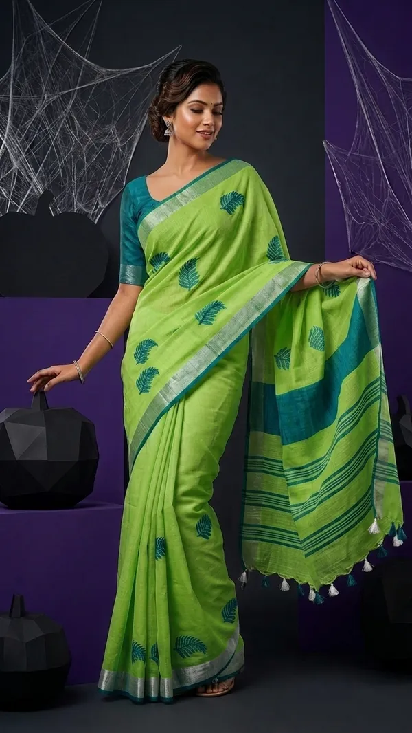 Handwoven_Bhagalpuri_Linen_Blend_Embroidered_Saree_With_Contrast_Blouse_Piece(Parrot_Green_Cyan)