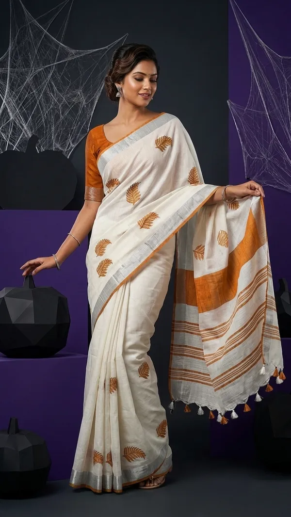 Handwoven_Bhagalpuri_Linen_Blend_Embroidered_Saree_With_Contrast_Blouse_Piece(White_Orange)