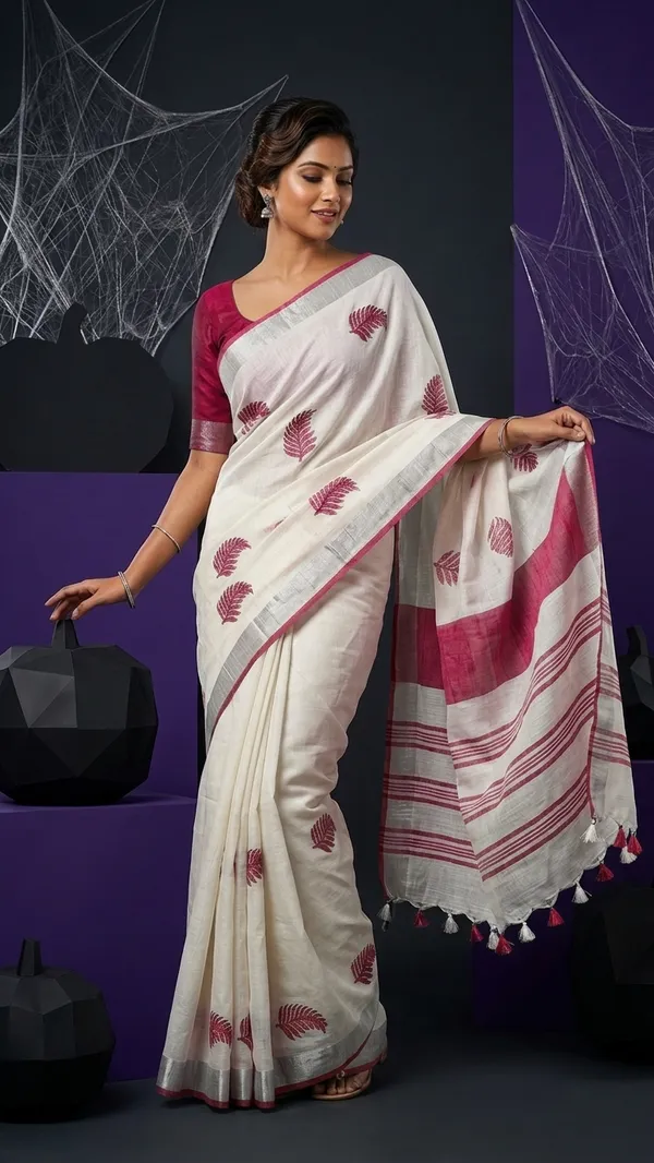Handwoven_Bhagalpuri_Linen_Blend_Embroidered_Saree_With_Contrast_Blouse_Piece(White_Pink)