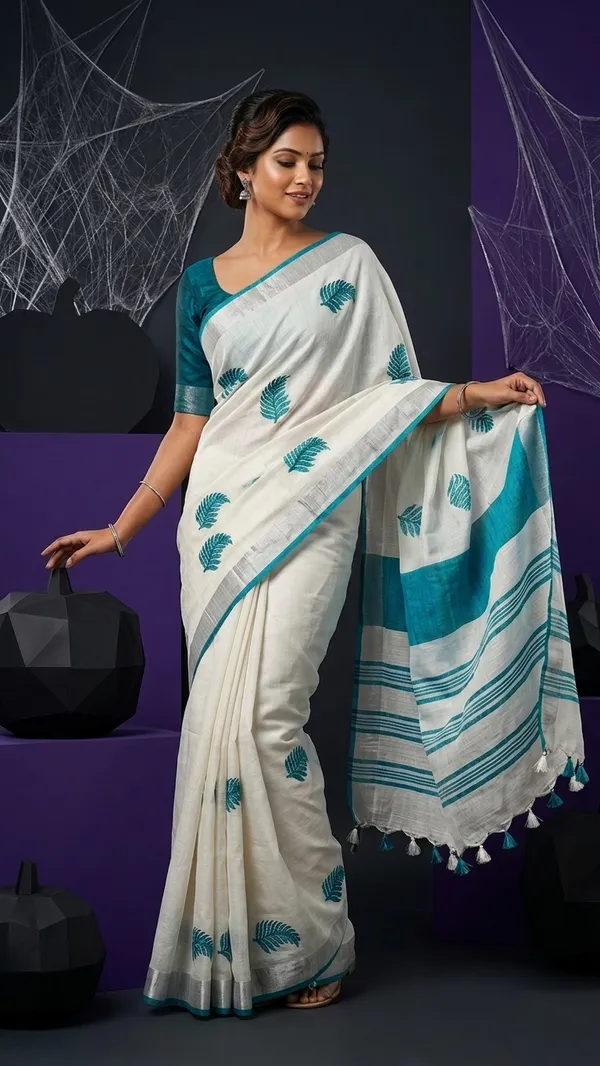 Handwoven_Bhagalpuri_Linen_Blend_Embroidered_Saree_With_Contrast_Blouse_Piece(White_Cyan)