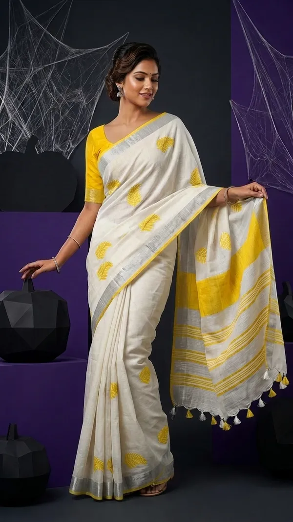 Handwoven_Bhagalpuri_Linen_Blend_Embroidered_Saree_With_Contrast_Blouse_Piece(White_Yellow)