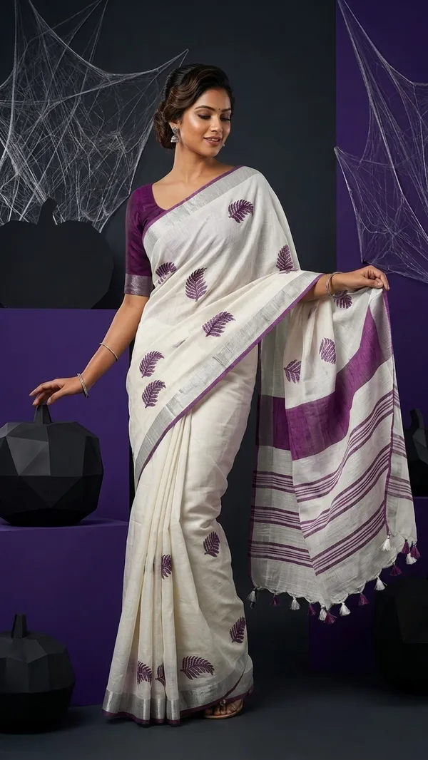 Handwoven_Bhagalpuri_Linen_Blend_Embroidered_Saree_With_Contrast_Blouse_Piece(White_Purple)