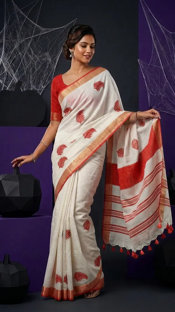 Handwoven_Bhagalpuri_Linen_Blend_Embroidered_Saree_Golden_Zari_Border_With_Contrast_Blouse_Piece(White_Red)