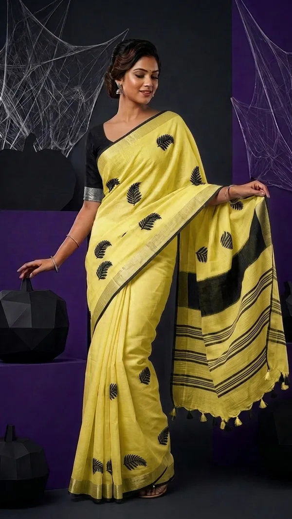 Handwoven_Bhagalpuri_Linen_Blend_Embroidered_Saree_With_Contrast_Blouse_Piece(Yellow_Black)