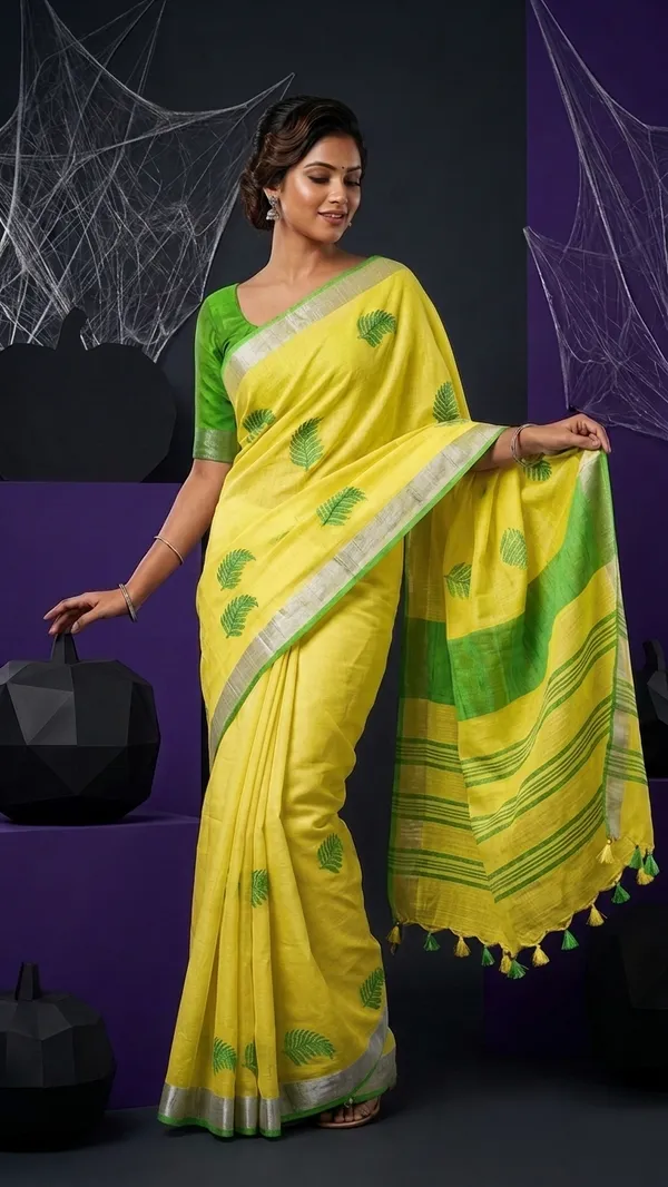 Handwoven_Bhagalpuri_Linen_Blend_Embroidered_Saree_With_Contrast_Blouse_Piece(Yellow_Parrot_Green)