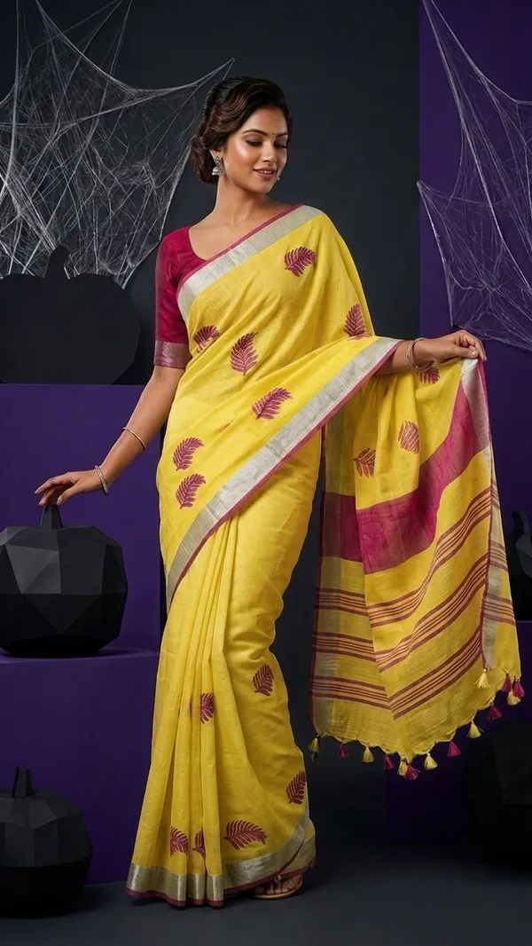 Handwoven_Bhagalpuri_Linen_Blend_Embroidered_Saree_With_Contrast_Blouse_Piece(Yellow_Pink)