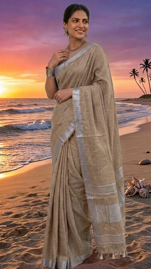 Handwoven_Linen_Blend_Saree_With_Running_Blouse_Piece(Beige)