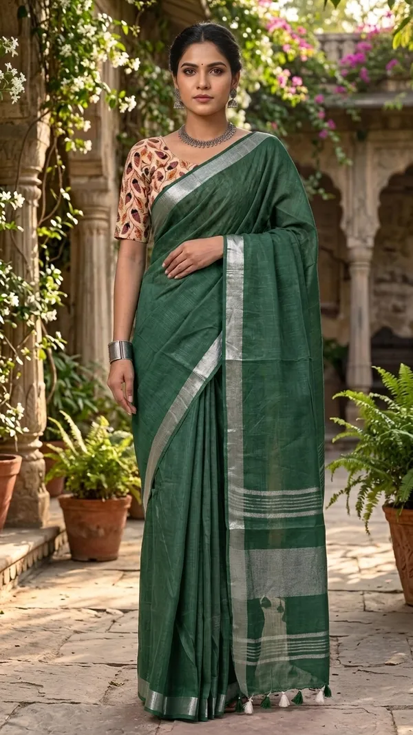 Handwoven_Linen_Blend_Saree_With_Running_Blouse_Piece(Bottle_Green)
