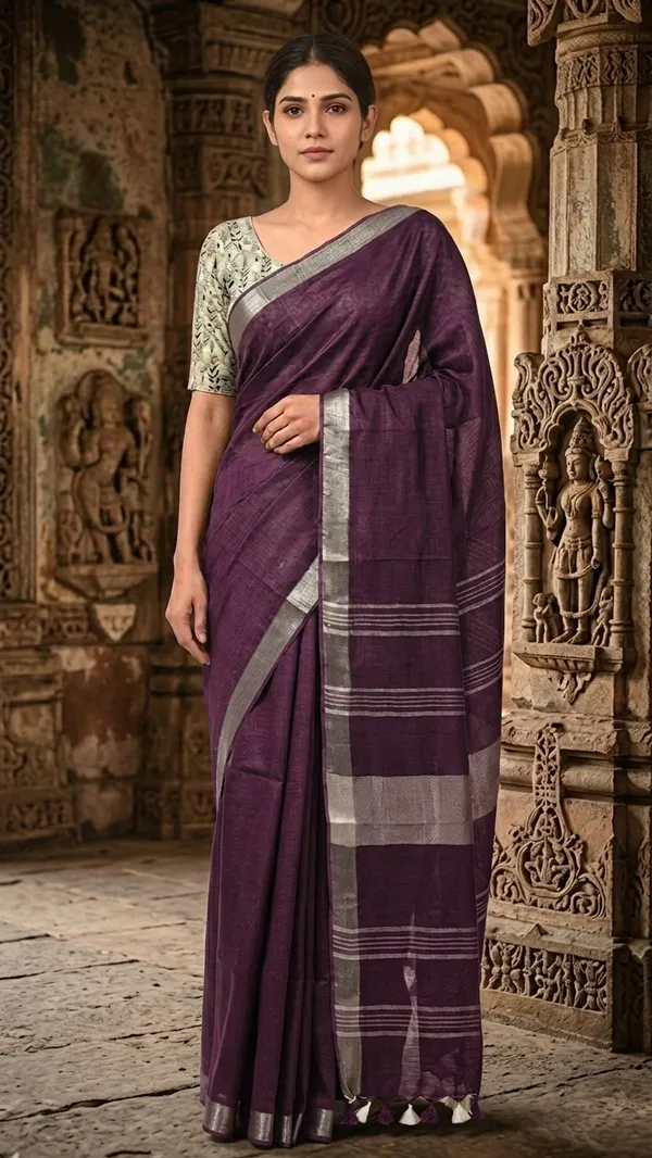 Handwoven_Linen_Blend_Saree_With_Running_Blouse_Piece(Purple)