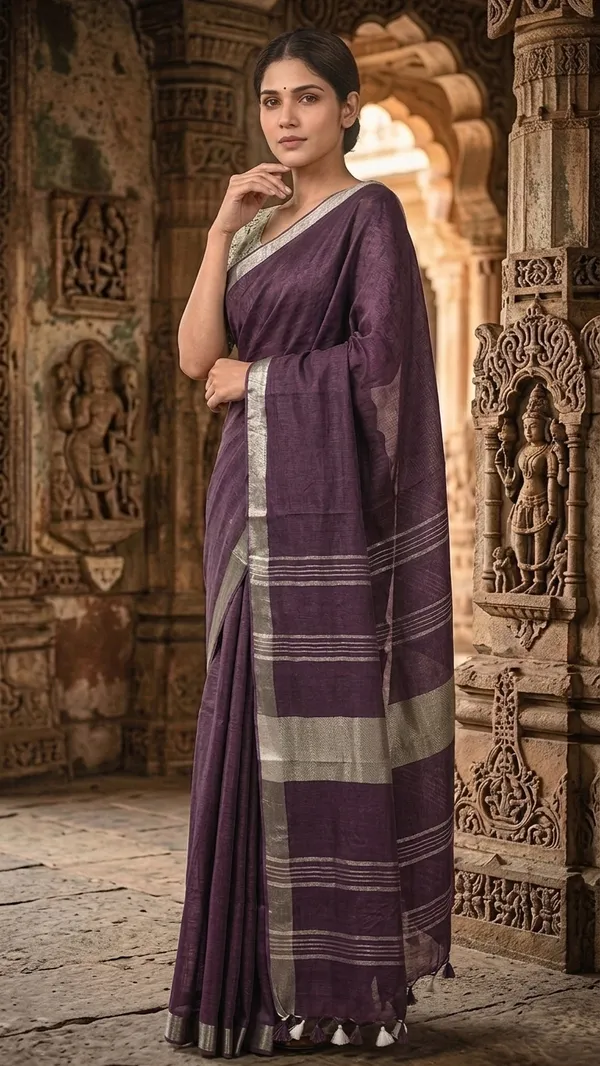 Handwoven_Linen_Blend_Saree_With_Running_Blouse_Piece(Purple)