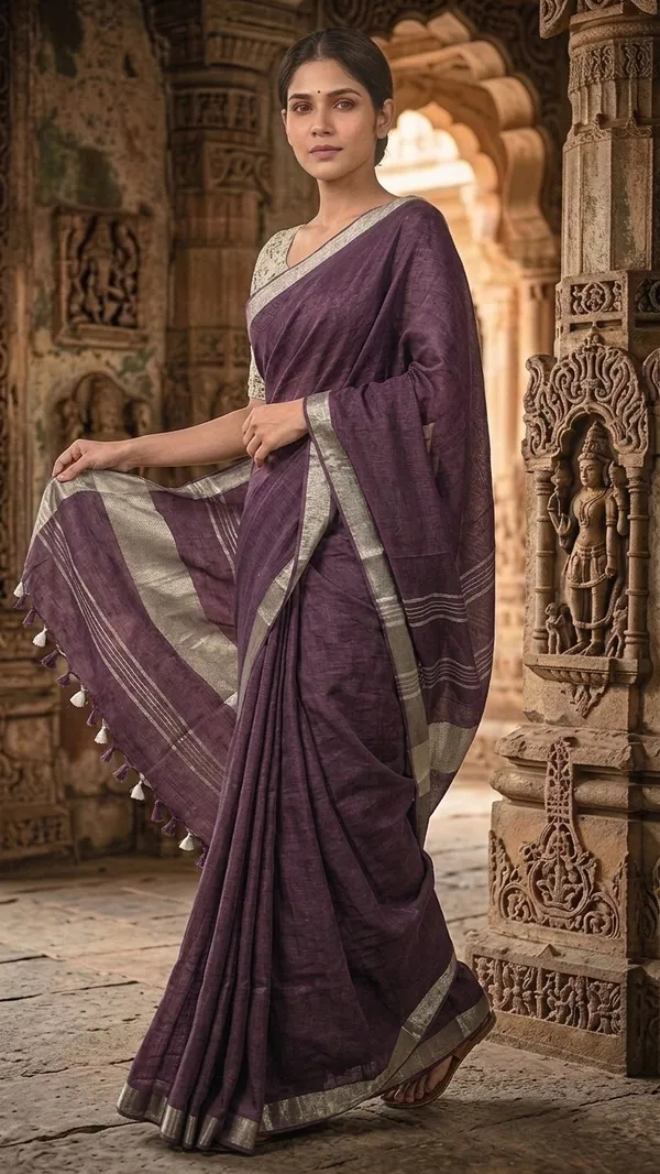 Handwoven_Linen_Blend_Saree_With_Running_Blouse_Piece(Purple)