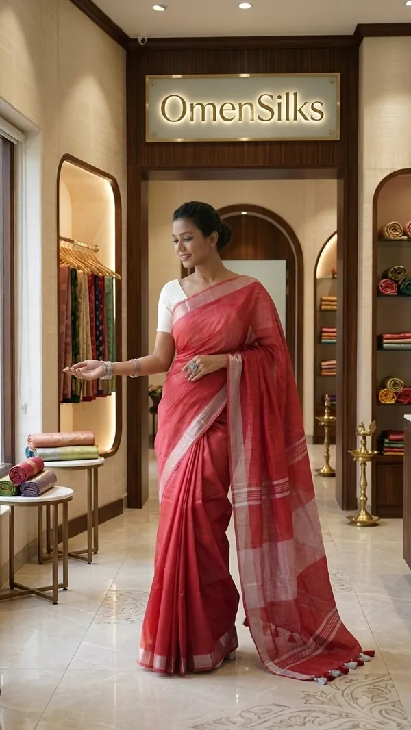Handwoven_Linen_Blend_Saree_With_Running_Blouse_Piece(Red)
