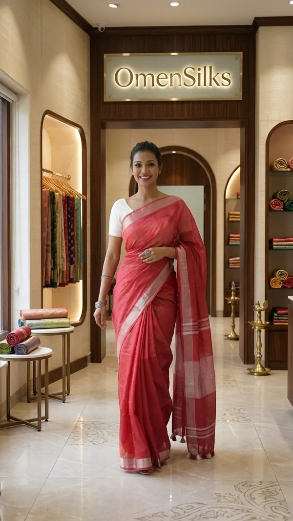 Handwoven_Linen_Blend_Saree_With_Running_Blouse_Piece(Red)