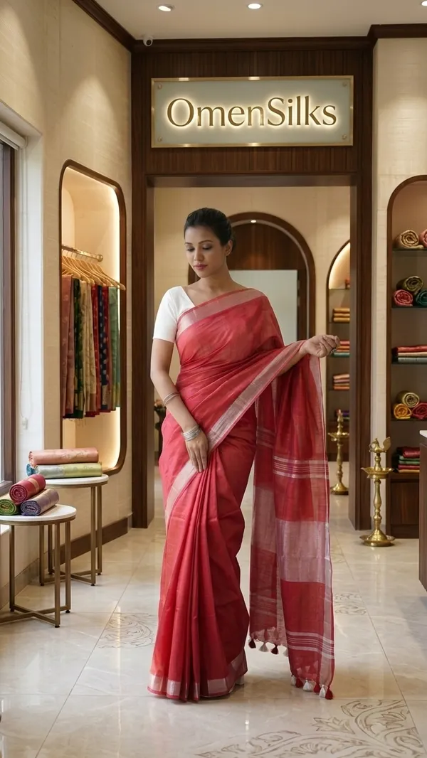 Handwoven_Linen_Blend_Saree_With_Running_Blouse_Piece(Red)