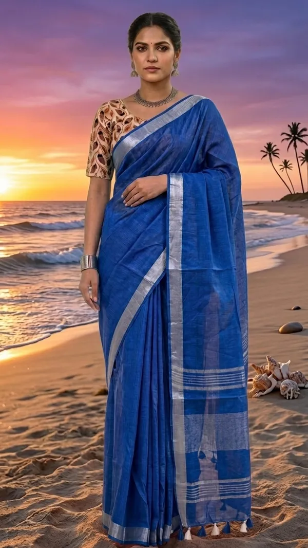 Handwoven_Linen_Blend_Saree_With_Running_Blouse_Piece(Royal_Blue)