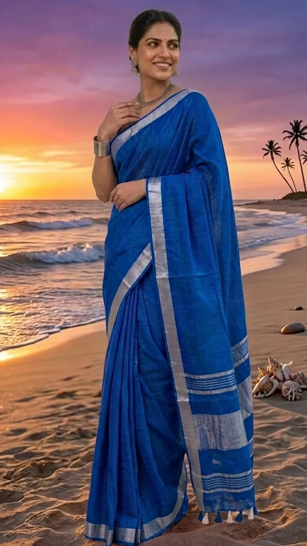 Handwoven_Linen_Blend_Saree_With_Running_Blouse_Piece(Royal_Blue)