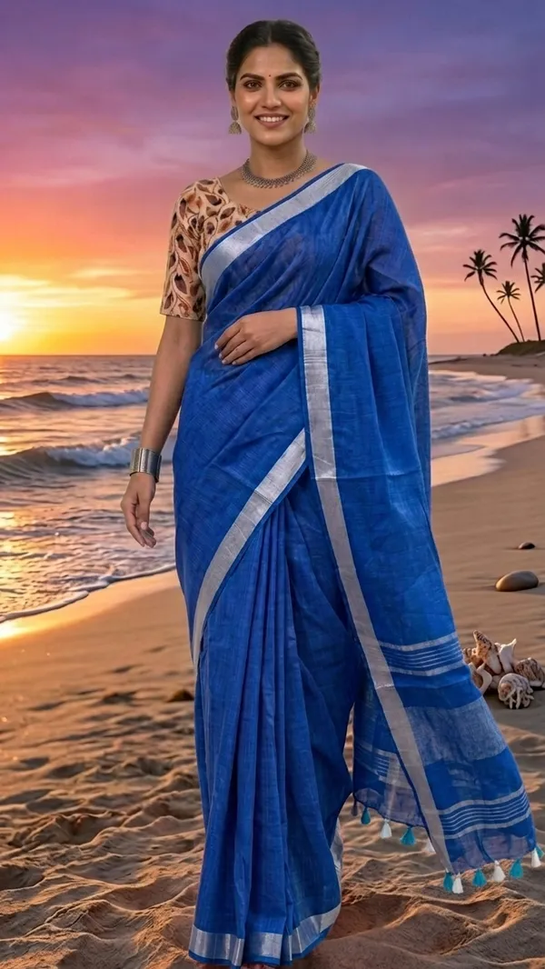 Handwoven_Linen_Blend_Saree_With_Running_Blouse_Piece(Royal_Blue)