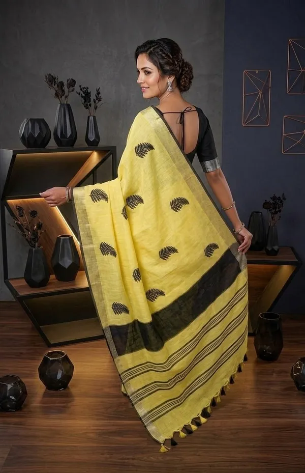 Handwoven_Bhagalpuri_Linen_Blend_Embroidered_Saree_With_Contrast_Blouse_Piece(Yellow_Black)