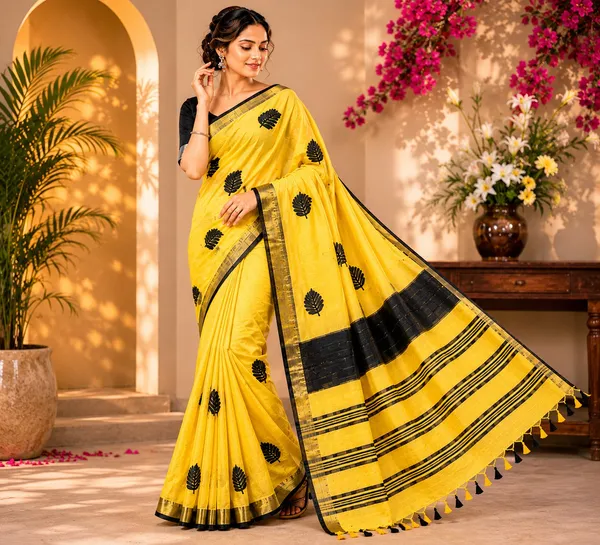 Handwoven_Bhagalpuri_Linen_Blend_Embroidered_Saree_With_Contrast_Blouse_Piece(Yellow_Black)