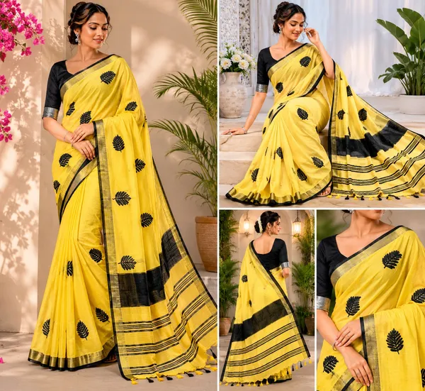 Handwoven_Bhagalpuri_Linen_Blend_Embroidered_Saree_With_Contrast_Blouse_Piece(Yellow_Black)