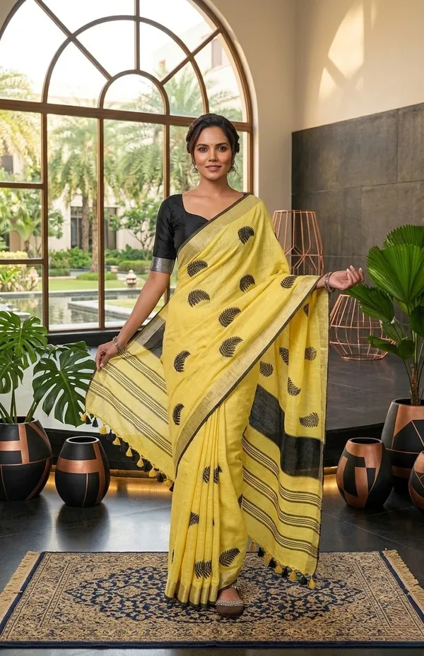 Handwoven_Bhagalpuri_Linen_Blend_Embroidered_Saree_With_Contrast_Blouse_Piece(Yellow_Black)