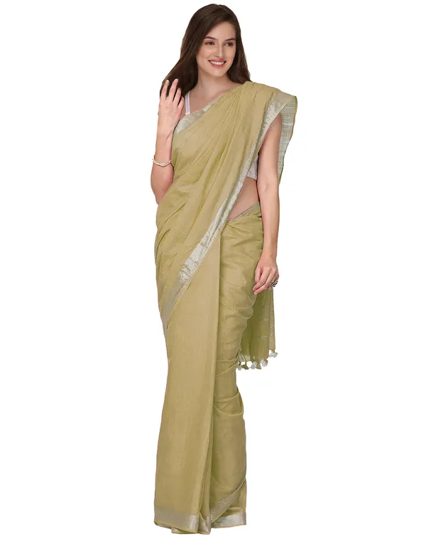 Ecru_Green_women's_Cotton_Slub_Saree_With_Blouse_Piece