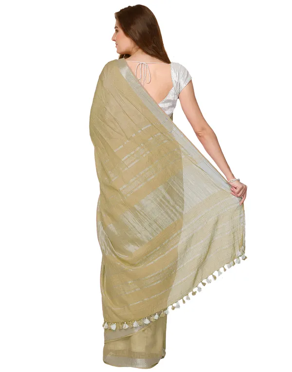 Ecru_Green_women's_Cotton_Slub_Saree_With_Blouse_Piece