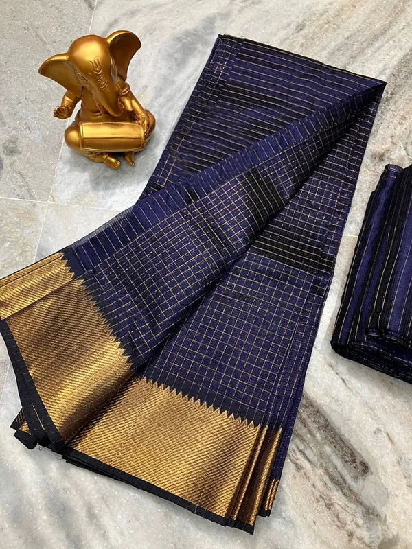 Cotton_Silk_Handloom_Bhagalpuri_Wide_Border_Check_Saree_(Gold-Carbon_Blue)