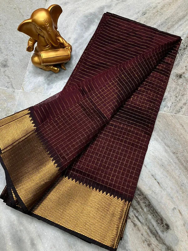Cotton_Silk_Handloom_Bhagalpuri_Wide_Border_Check_Saree_(Gold-Coffee_Brown)