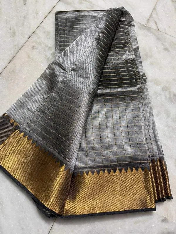 Cotton_Silk_Handloom_Bhagalpuri_Wide_Border_Check_Saree_(Gold-Grey)