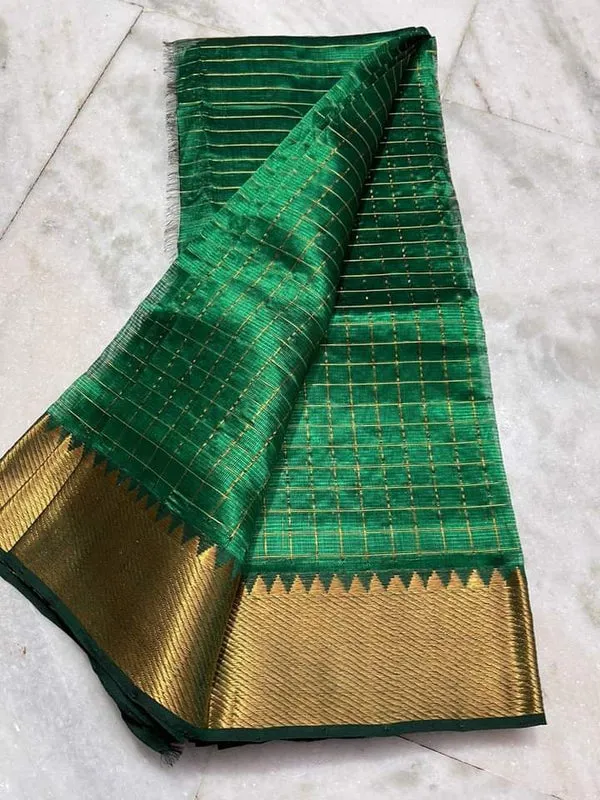 Cotton_Silk_Handloom_Bhagalpuri_Wide_Border_Check_Saree_(Gold-Jewel_Green)