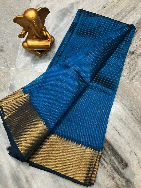 Cotton_Silk_Handloom_Bhagalpuri_Wide_Border_Check_Saree_(Gold-Neon_Blue)