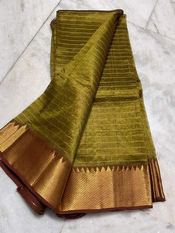 Cotton_Silk_Handloom_Bhagalpuri_Wide_Border_Check_Saree_(Gold-Olive_Green)