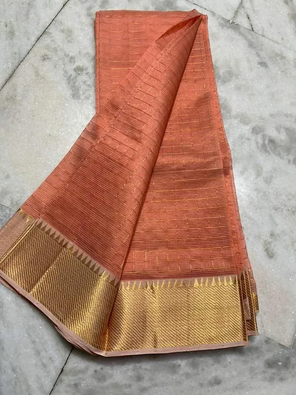 Cotton_Silk_Handloom_Bhagalpuri_Wide_Border_Check_Saree_(Gold-Peach_Orange)