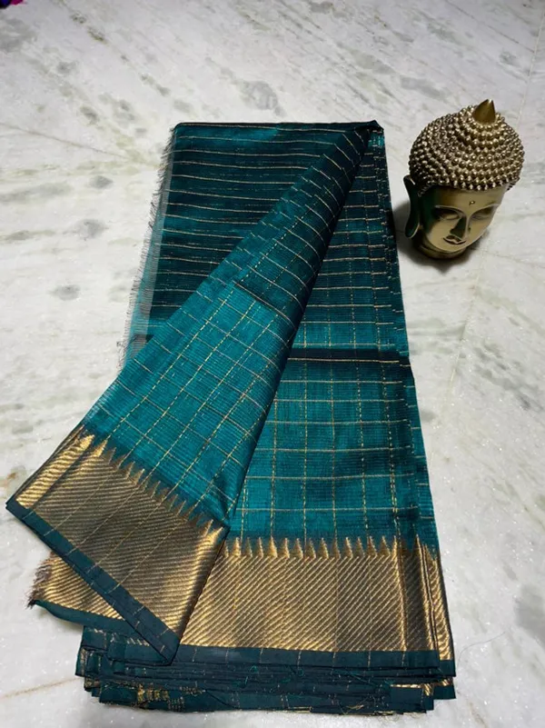Cotton_Silk_Handloom_Bhagalpuri_Wide_Border_Check_Saree_(Gold-Pine_Cyan)