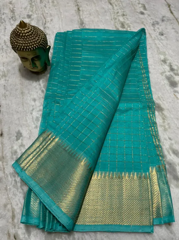 Cotton_Silk_Handloom_Bhagalpuri_Wide_Border_Check_Saree_(Gold-Turquoise)