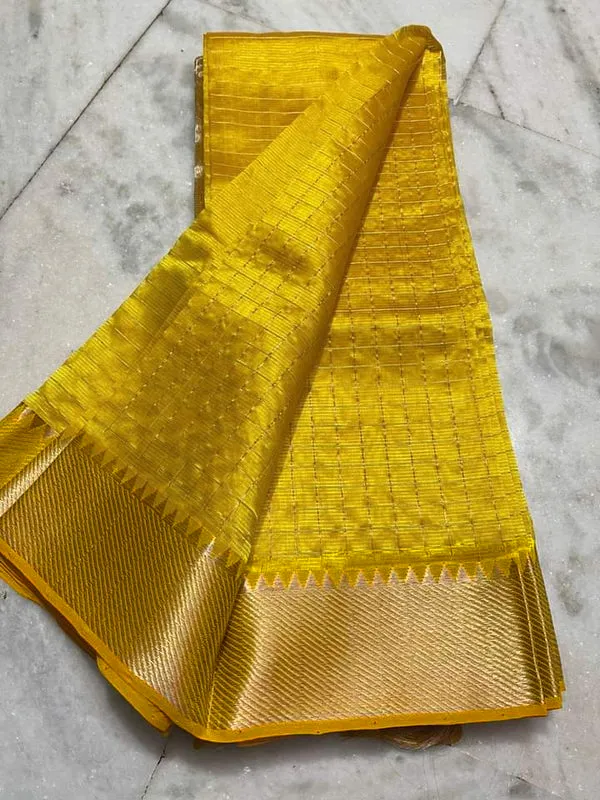 Cotton_Silk_Handloom_Bhagalpuri_Wide_Border_Check_Saree_(Gold-Yellow)