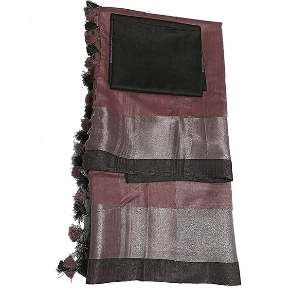 Redwood_Brown_Bhagalpuri_Handloom__Linen_Slub_Blend_Saree_With_Black_Pipin_Contrast_Blouse_Piece