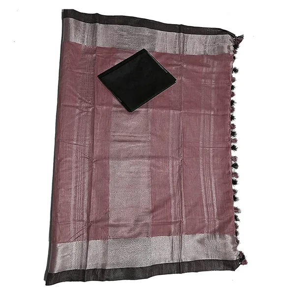 Redwood_Brown_Bhagalpuri_Handloom__Linen_Slub_Blend_Saree_With_Black_Pipin_Contrast_Blouse_Piece