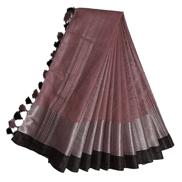 Redwood_Brown_Bhagalpuri_Handloom__Linen_Slub_Blend_Saree_With_Black_Pipin_Contrast_Blouse_Piece