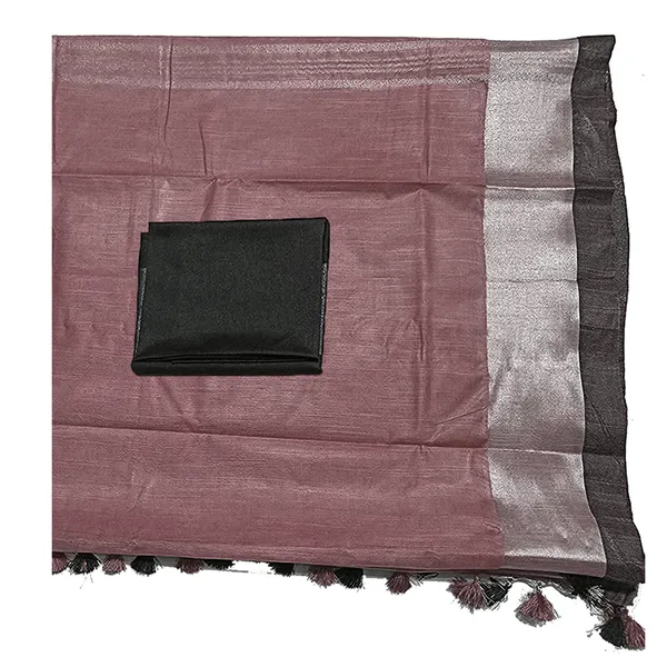 Redwood_Brown_Bhagalpuri_Handloom__Linen_Slub_Blend_Saree_With_Black_Pipin_Contrast_Blouse_Piece