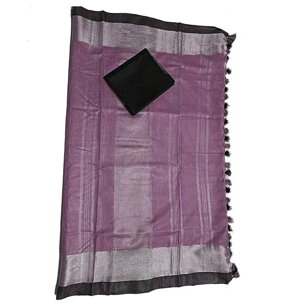 Mounatbatten_Pink_Bhagalpuri_Handloom_Linen_Slub_Blend_Saree_With_Black_Contrast_Blouse_Piece