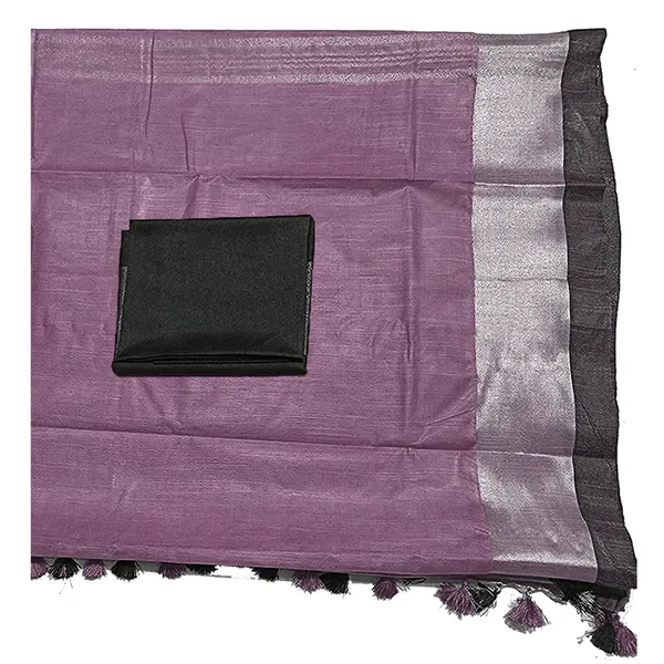 Mounatbatten_Pink_Bhagalpuri_Handloom_Linen_Slub_Blend_Saree_With_Black_Contrast_Blouse_Piece